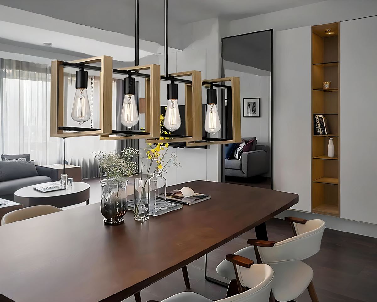 Lustre campagne géométrique en bois et métal noir