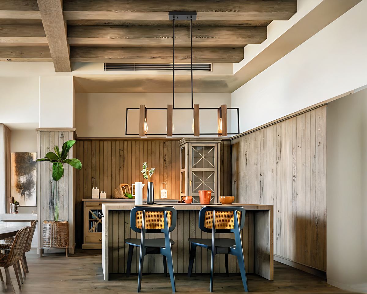 Lustre campagne géométrique en bois et métal noir, vue 3