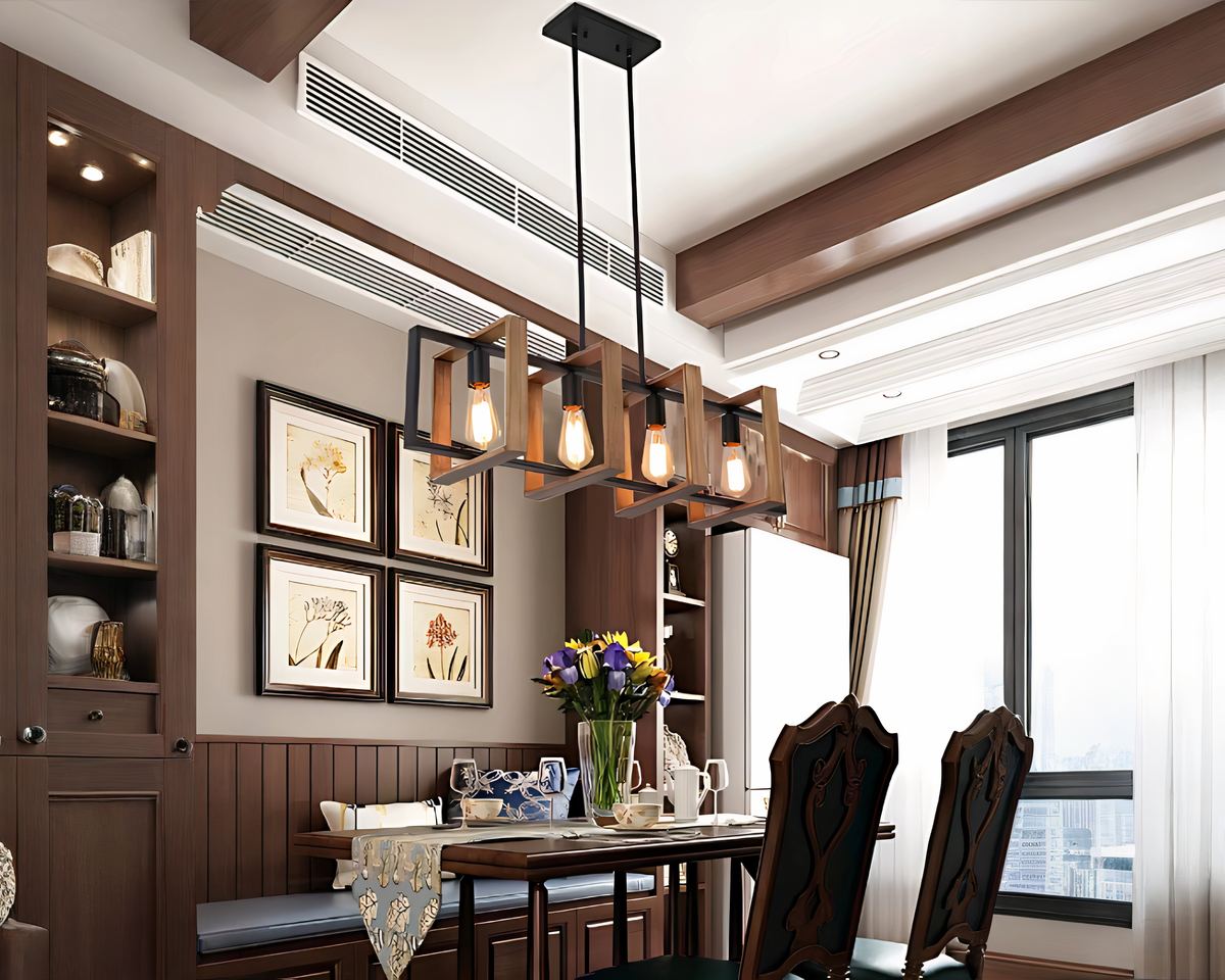 Lustre campagne géométrique en bois et métal noir, vue 4