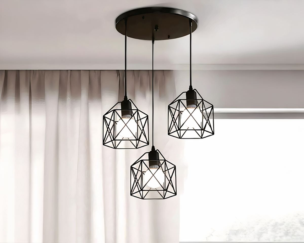 Lustre 3 suspensions cages en métal noir