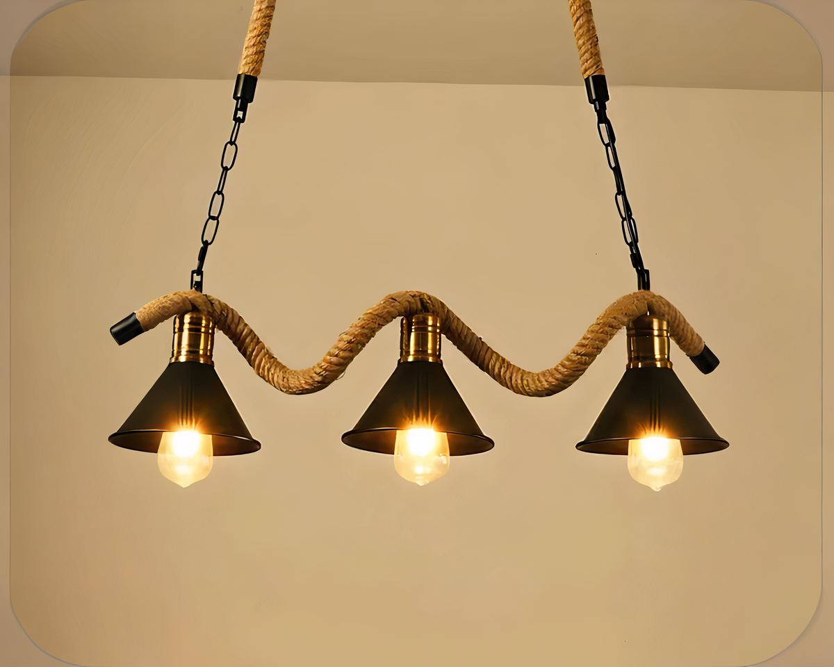Lustre 3 suspensions en corde et métal noir