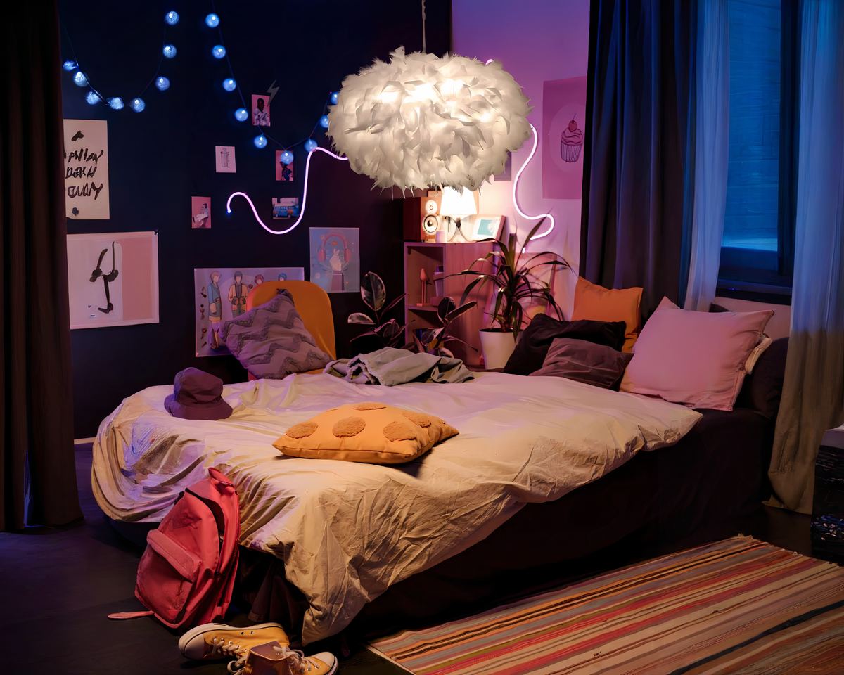 Lustre chambre d'ado boule en plumes blanches