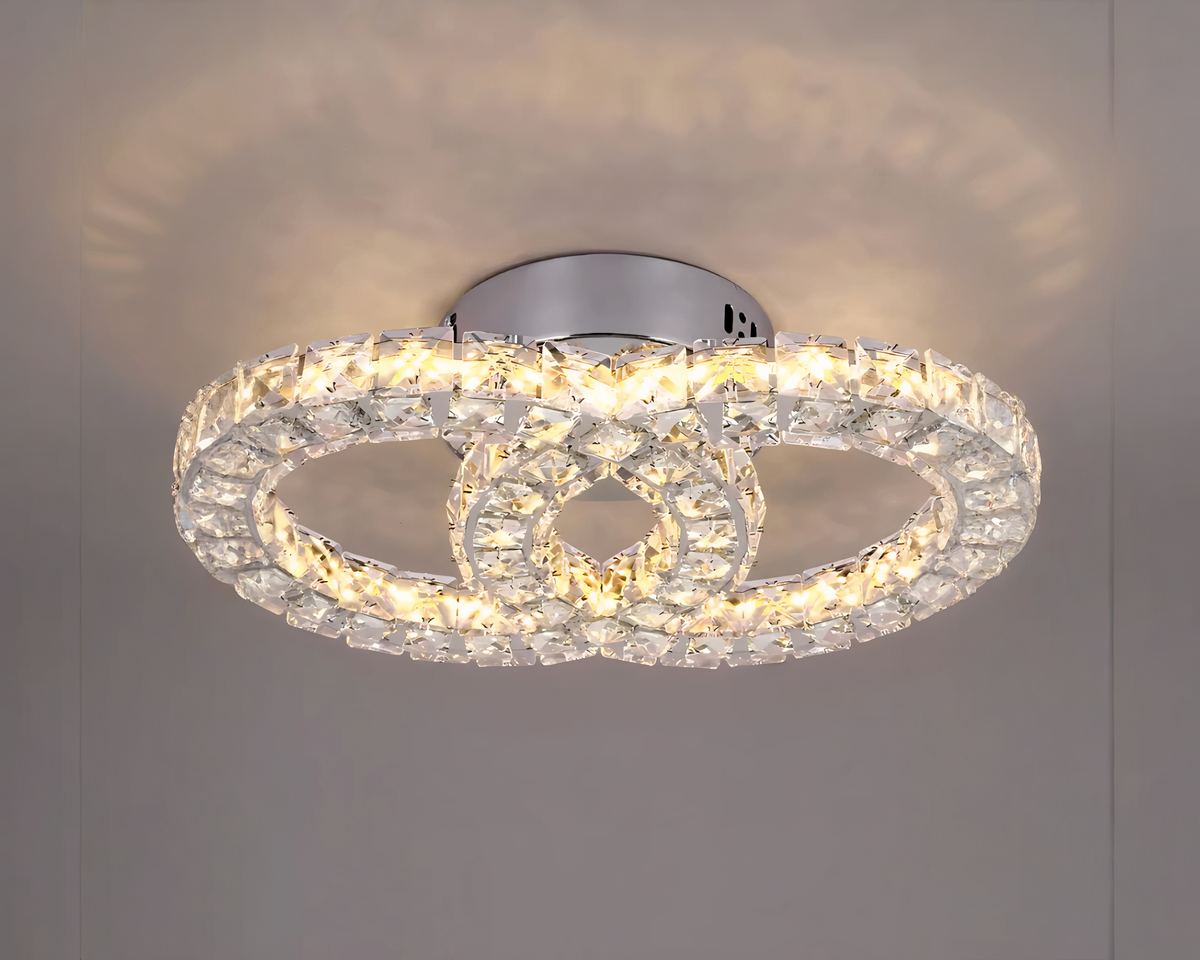 Lustre cristal plafonnier à deux anneaux entrelacés