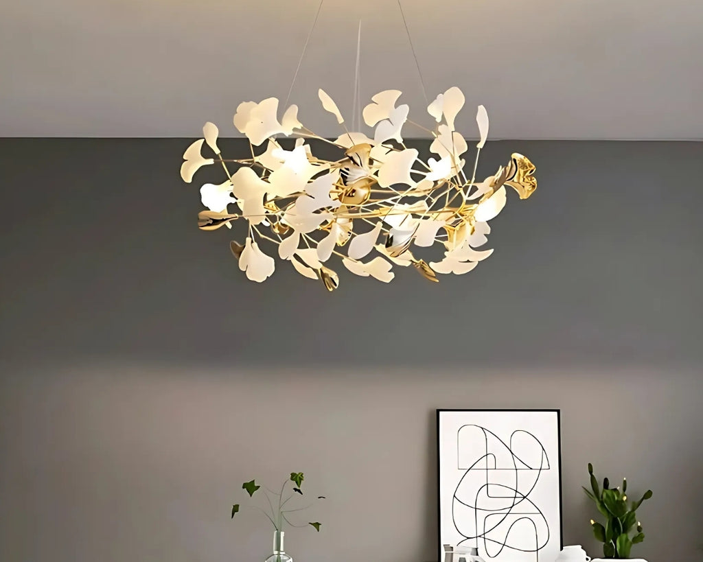 Lustre en céramique couronne de feuilles sur cercle doré