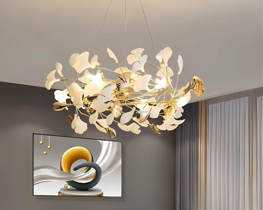 Lustre en céramique couronne de feuilles sur cercle doré, vue 3