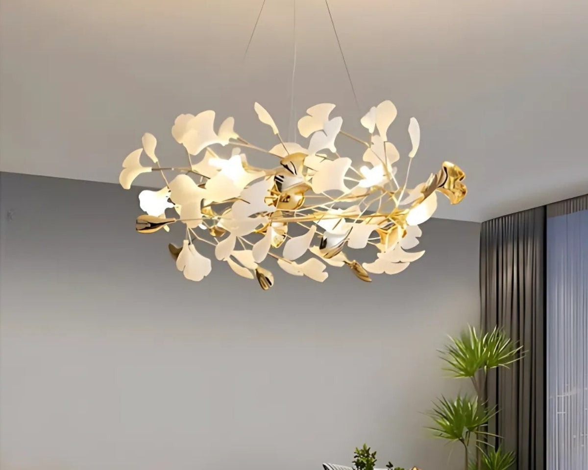 Lustre en céramique couronne de feuilles sur cercle doré, vue 4