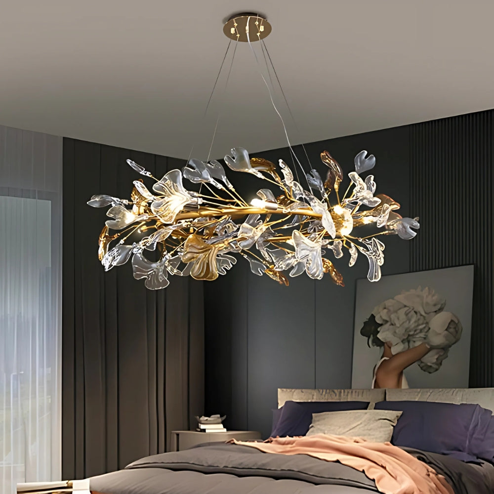Lustre en céramique couronne de feuilles sur cercle doré, vue 5