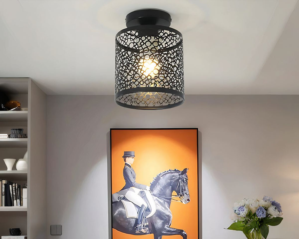 Lustre entrée plafonnier en métal ajouré noir ou blanc, vue 2