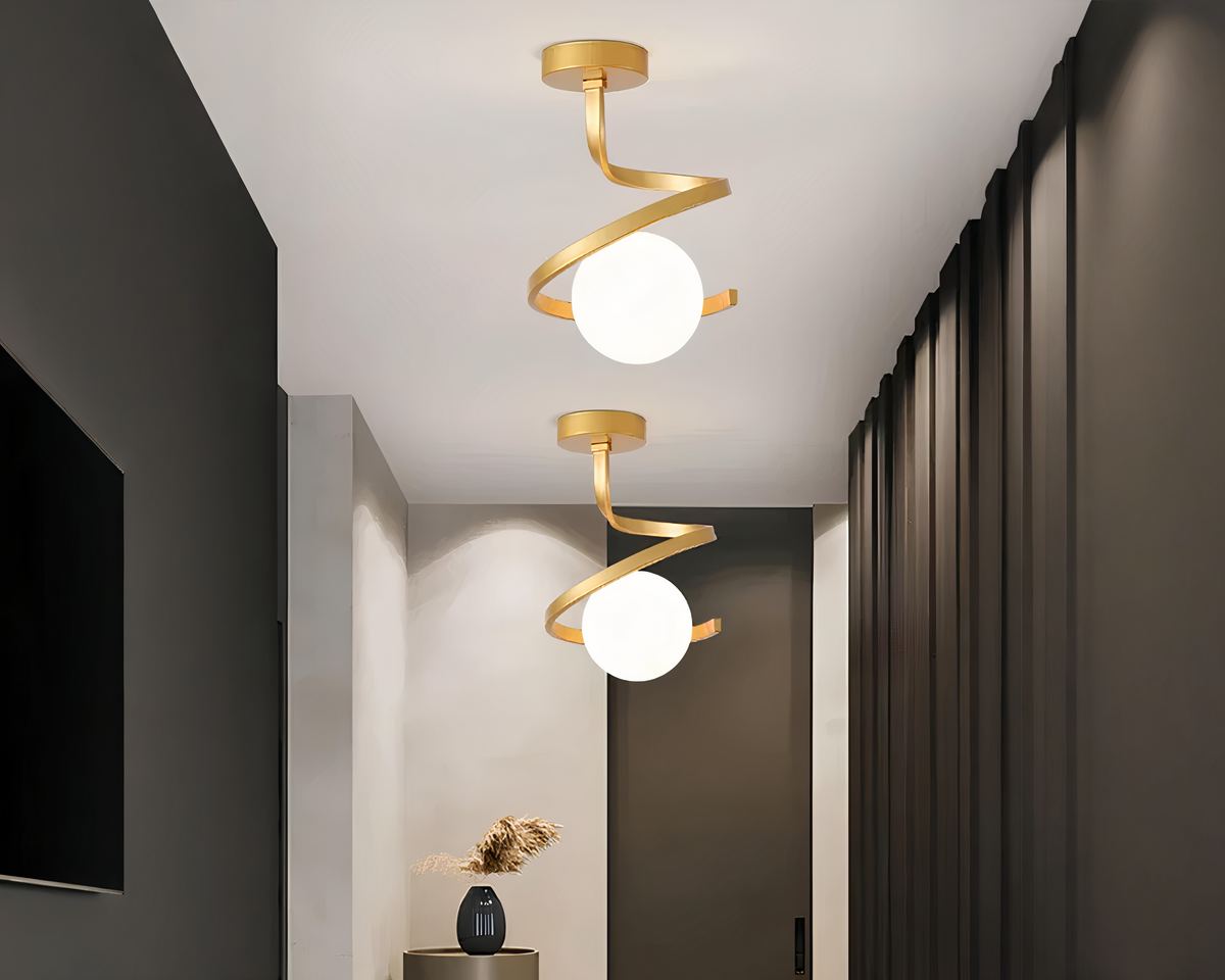 Lustre entrée spirale en métal et boule de verre givré, vue 3