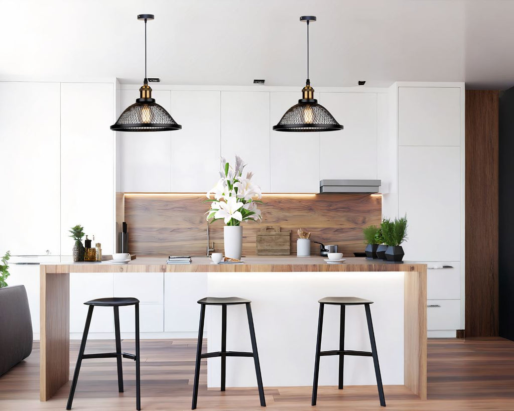Lustre cuisine cage en maille noire et laiton