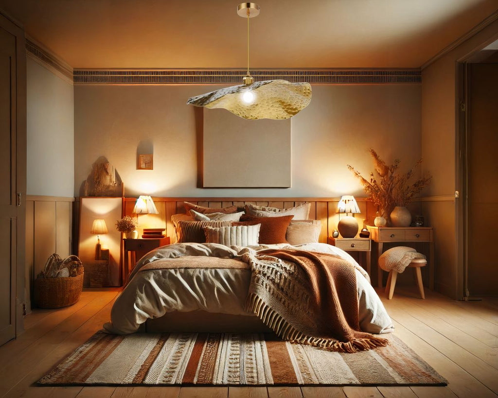 Lustre en fer forgé martelé doré forme chapeau