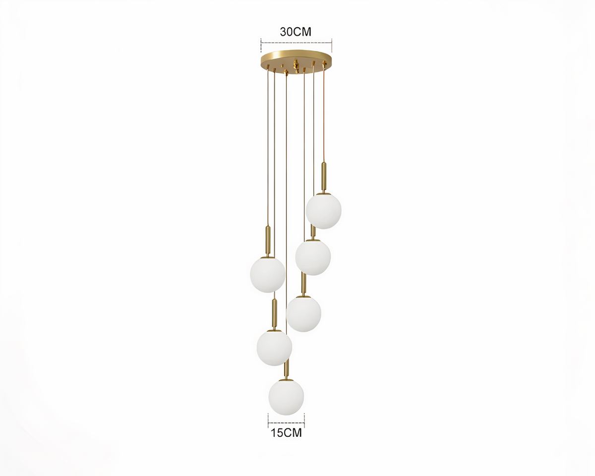Lustre escalier globes de verre en chute verticale, vue 5