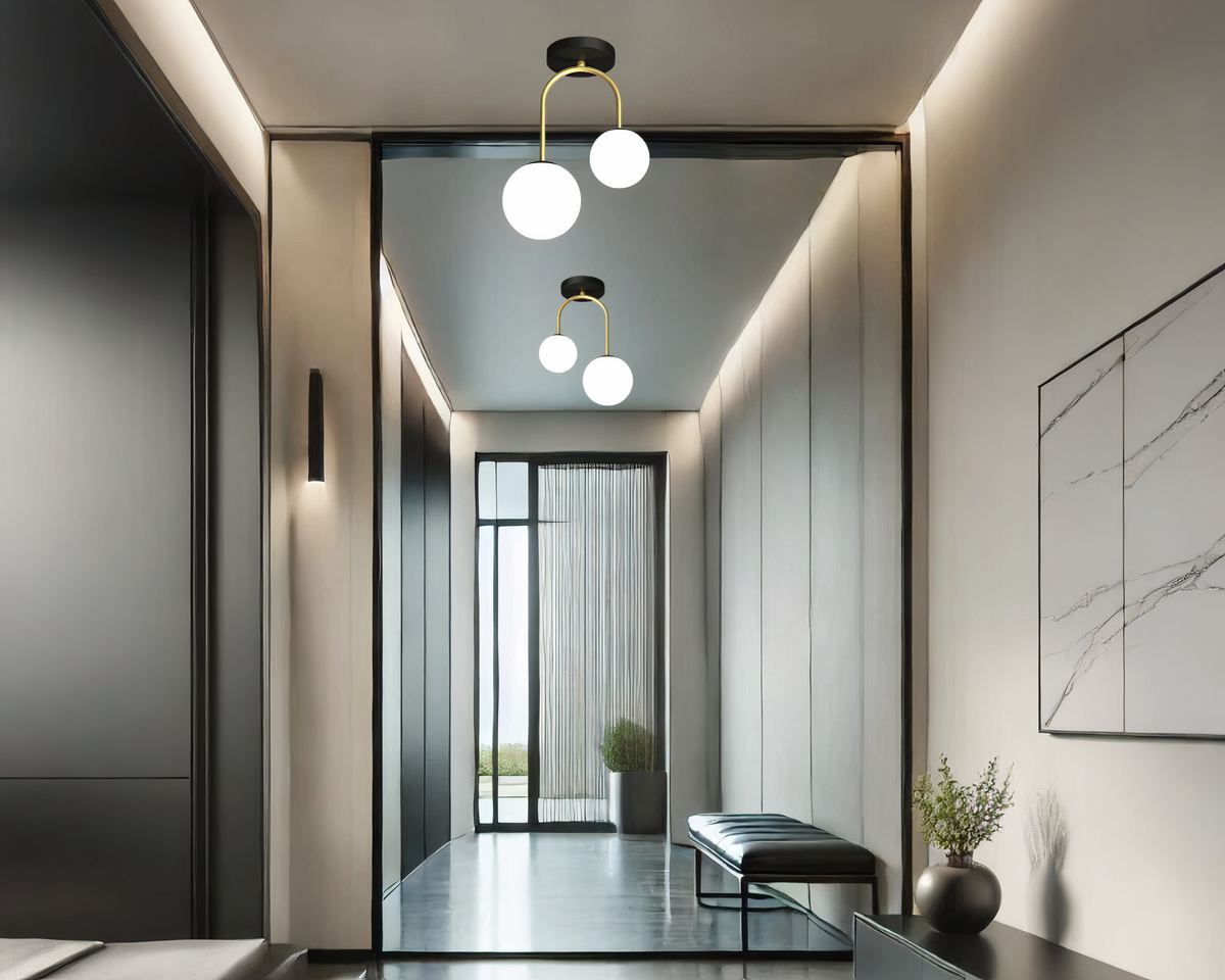 Lustre entrée à deux globes sur tige métallique