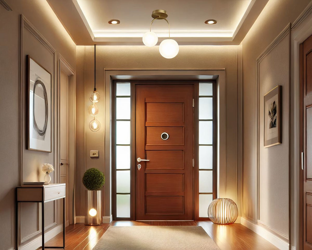 Lustre entrée à deux globes sur tige métallique, vue 2