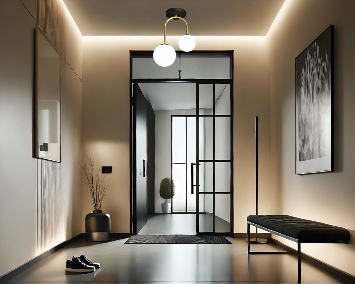 Lustre entrée à deux globes sur tige métallique, vue 3