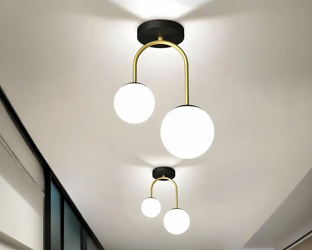 Lustre entrée à deux globes sur tige métallique, vue 6