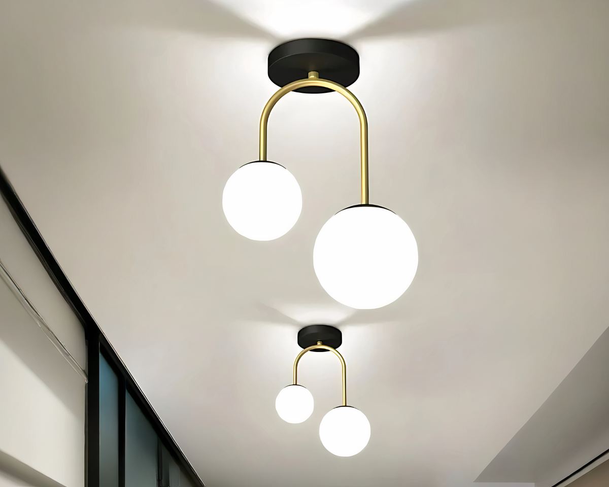 Lustre entrée à deux globes sur tige métallique, vue 6
