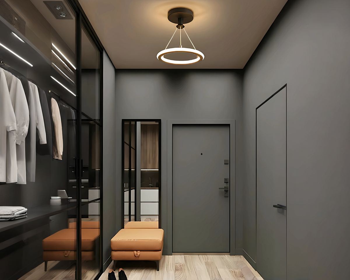 Lustre entrée anneau lumineux suspendu noir ou doré, vue 2