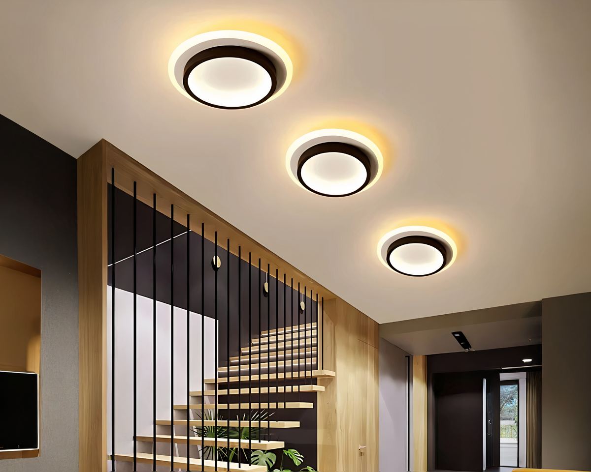 Lustre entrée LED plat carré ou rond, noir ou doré, vue 2