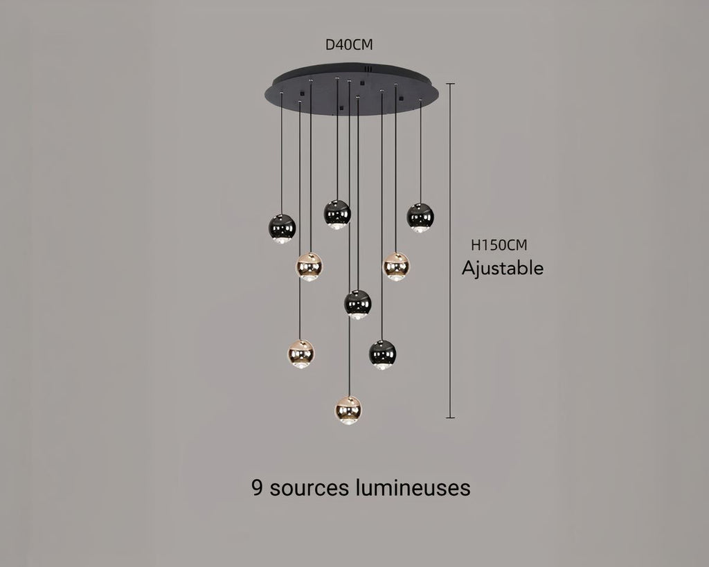 Lustre escalier pluie de boules noires et dorées, vue 9