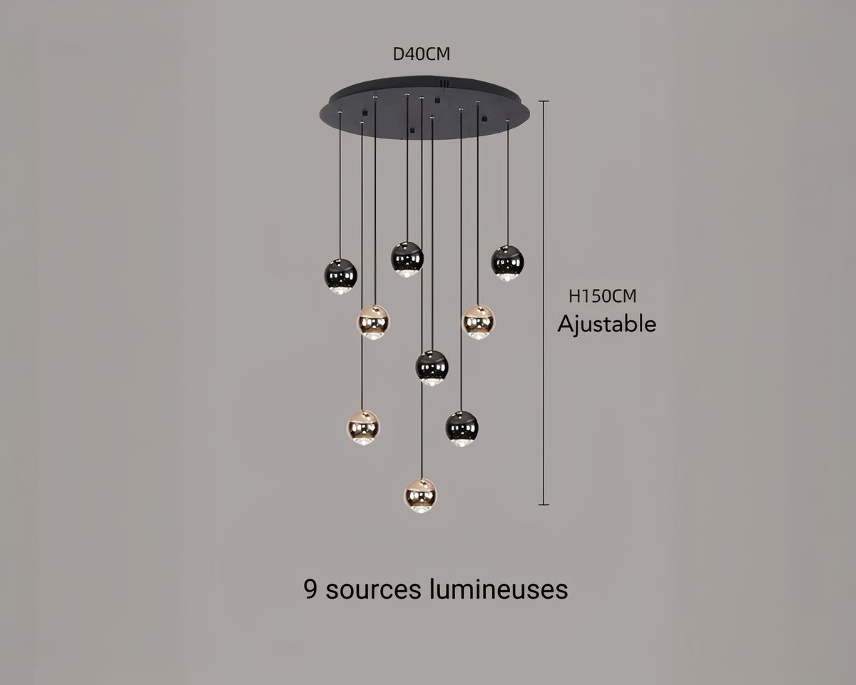 Lustre escalier pluie de boules noires et dorées, vue 9