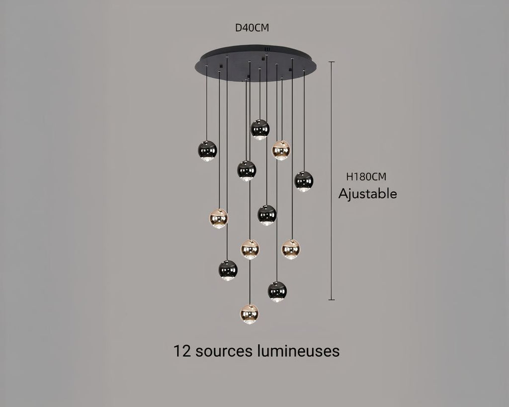 Lustre escalier pluie de boules noires et dorées, vue 10