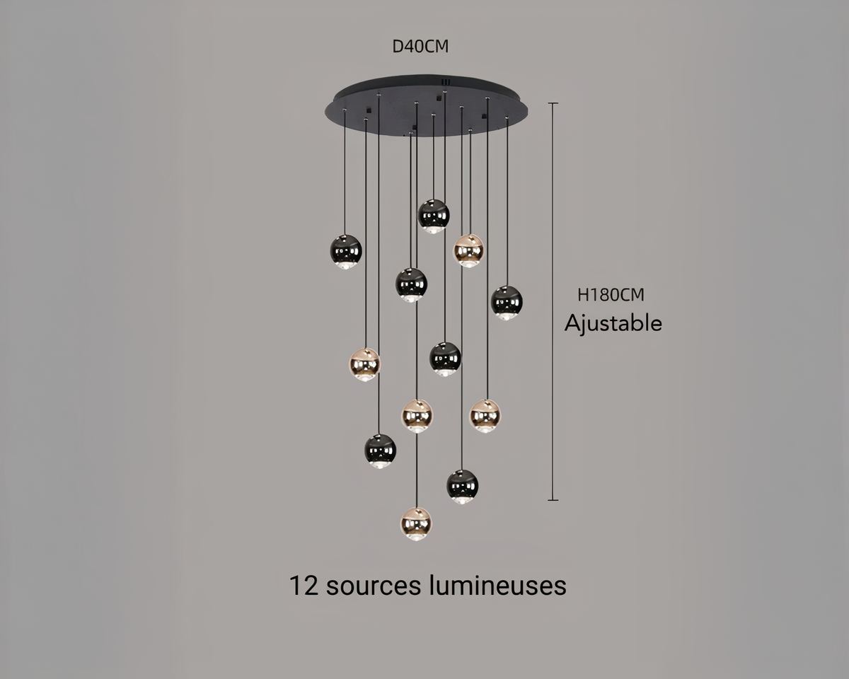 Lustre escalier pluie de boules noires et dorées, vue 10