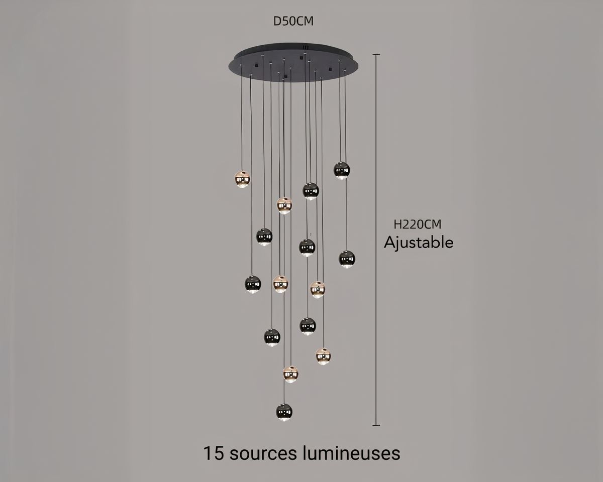 Lustre escalier pluie de boules noires et dorées, vue 11