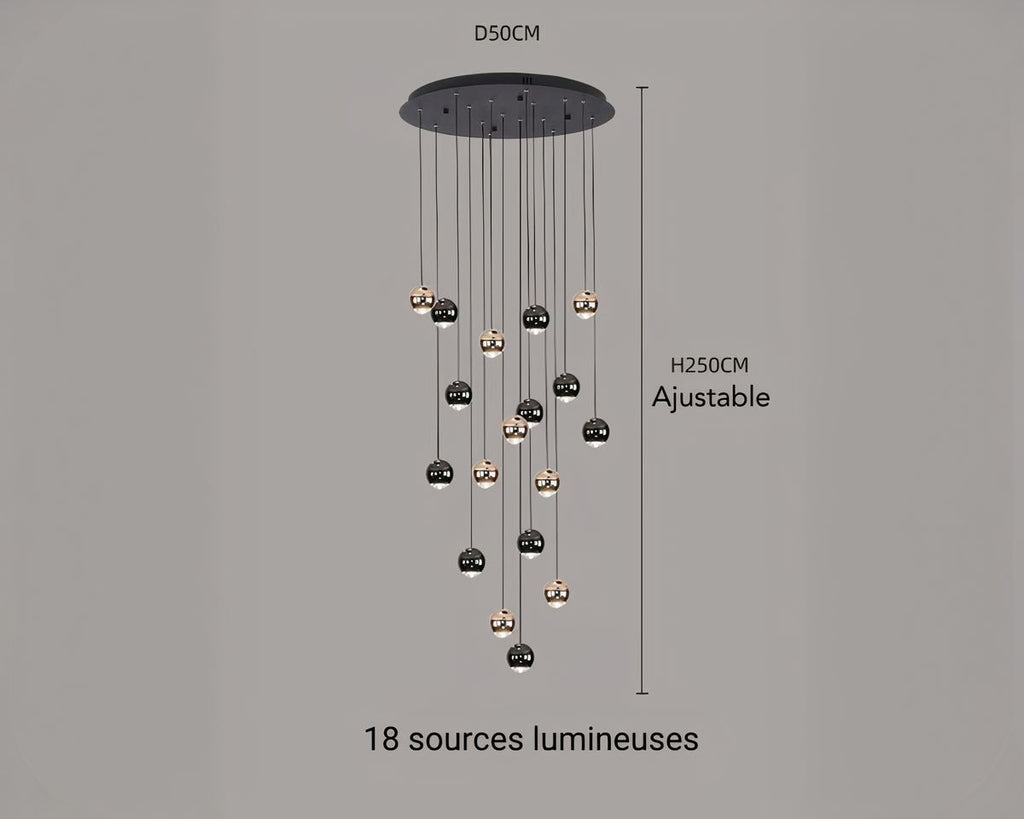 Lustre escalier pluie de boules noires et dorées, vue 12
