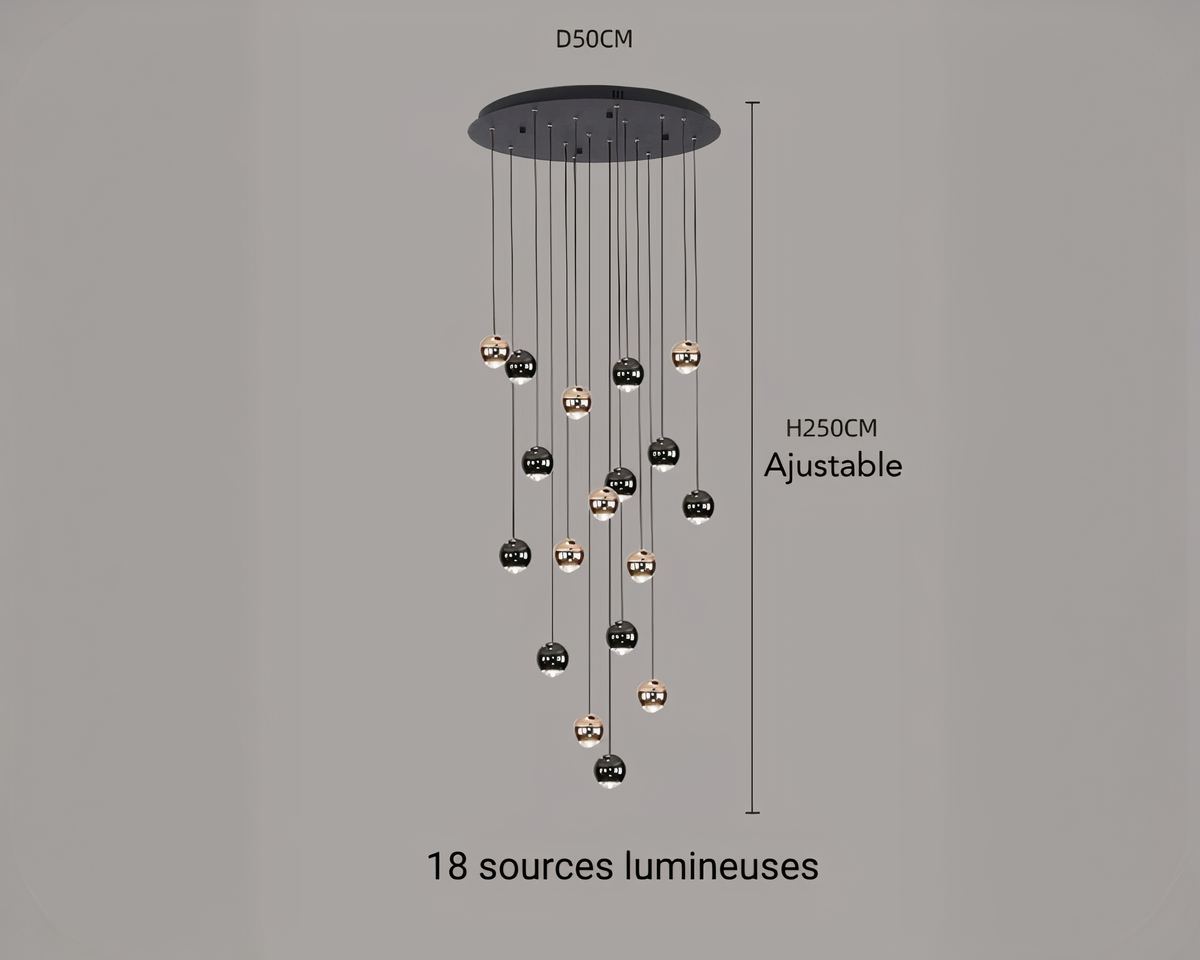 Lustre escalier pluie de boules noires et dorées, vue 12