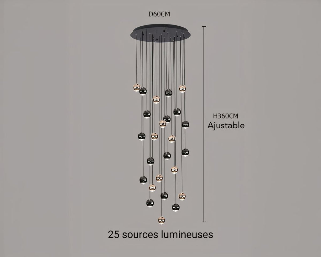 Lustre escalier pluie de boules noires et dorées, vue 13