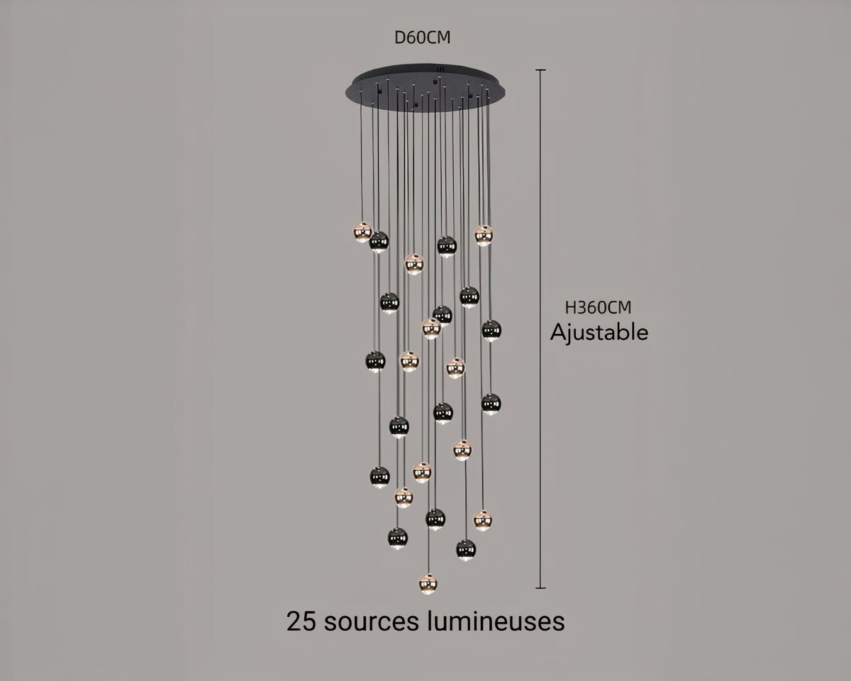 Lustre escalier pluie de boules noires et dorées, vue 13