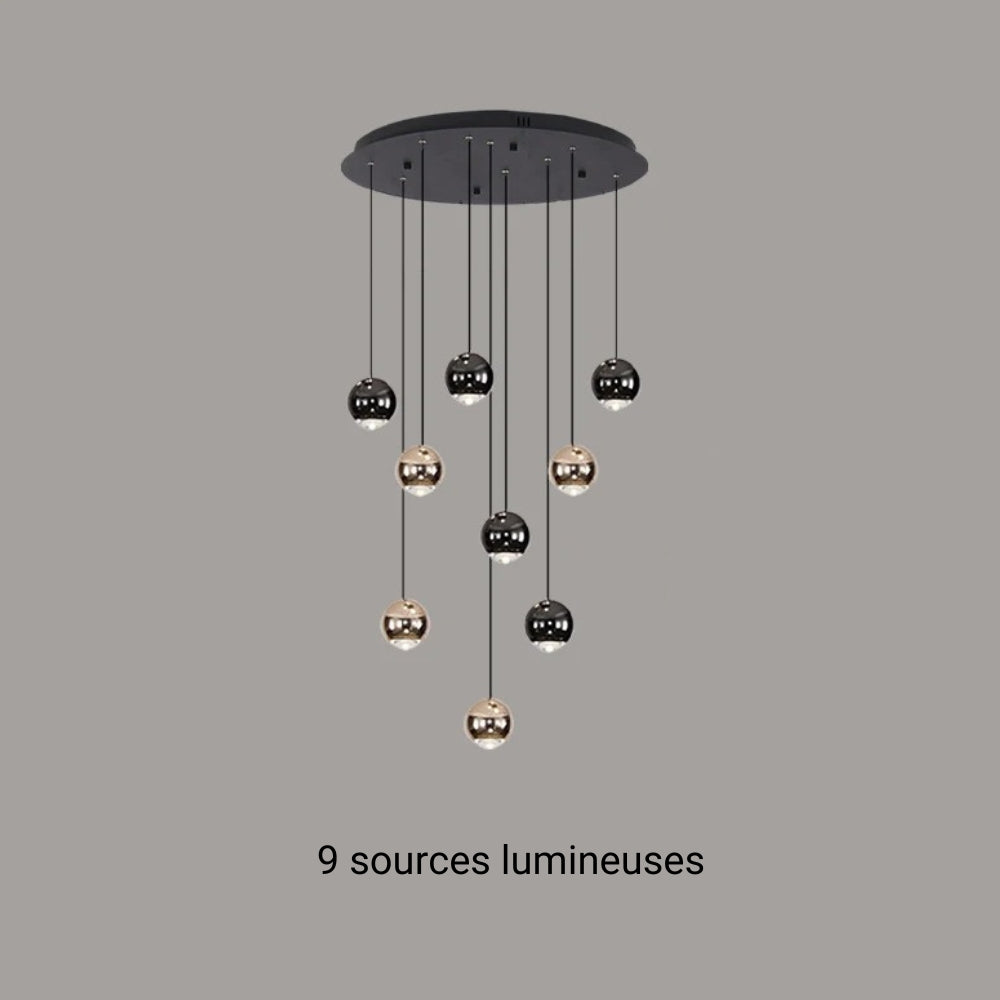 Lustre escalier pluie de boules noires et dorées, vue 14