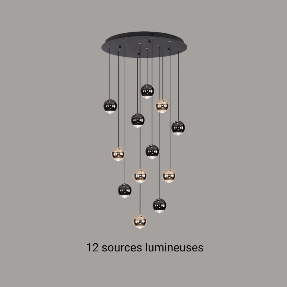 Lustre escalier pluie de boules noires et dorées, vue 15