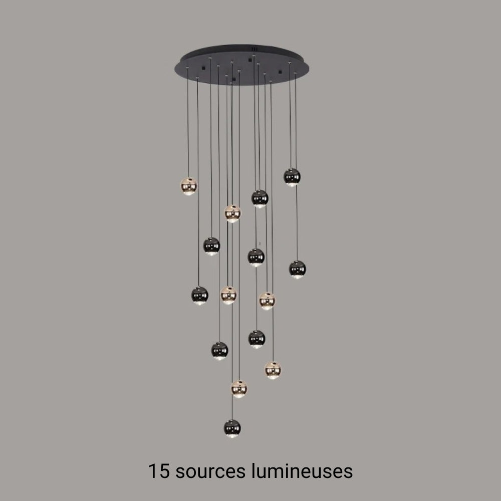 Lustre escalier pluie de boules noires et dorées, vue 16