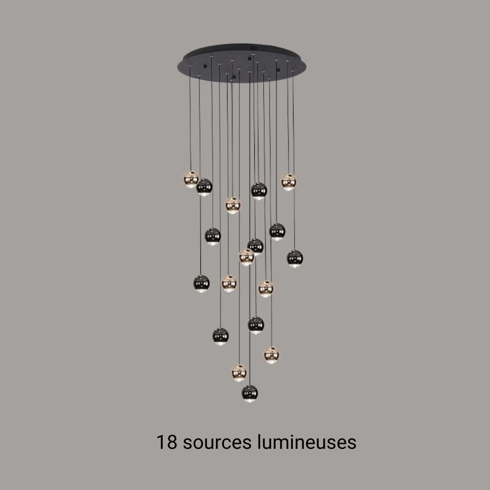 Lustre escalier pluie de boules noires et dorées, vue 17