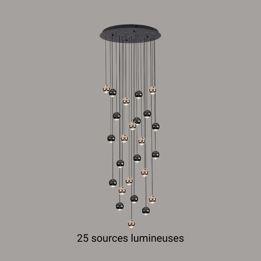 Lustre escalier pluie de boules noires et dorées, vue 18