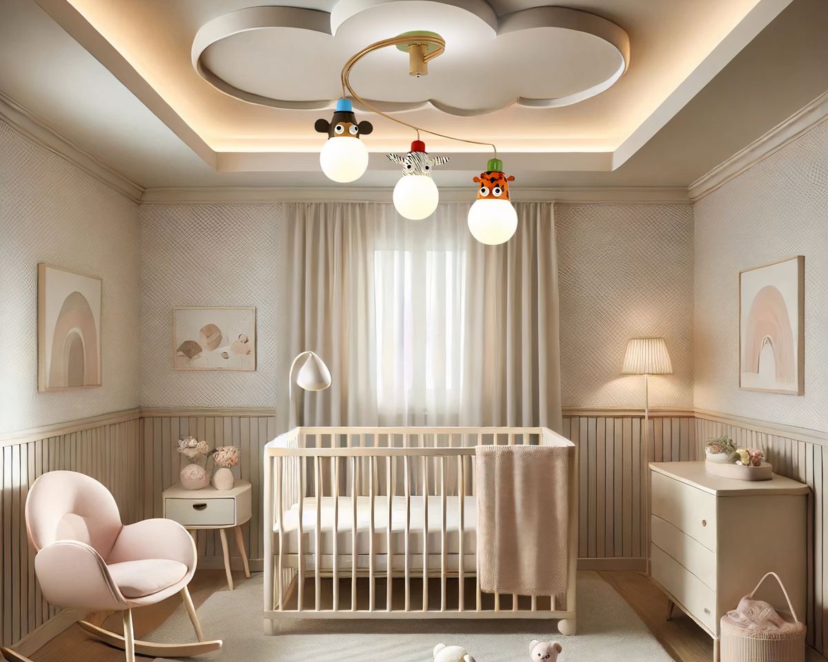 Lustre chambre bébé boule aux animaux de la jungle, vue 2