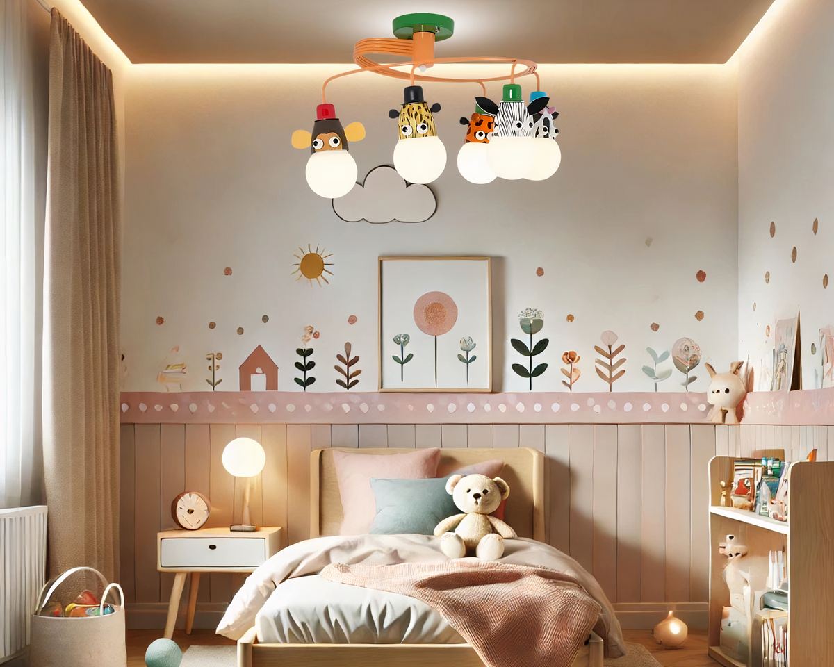Lustre chambre bébé boule aux animaux de la jungle, vue 3