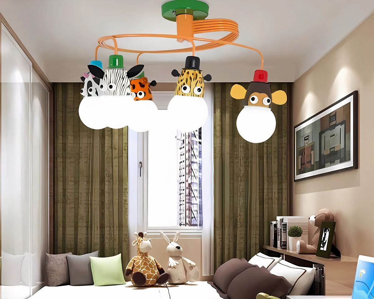 Lustre chambre bébé boule aux animaux de la jungle, vue 5