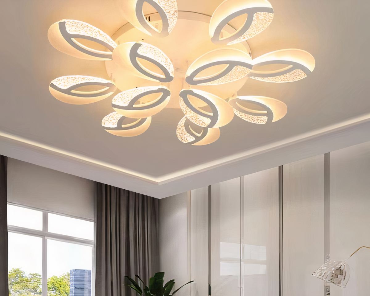 Lustre moderne salon en pétales blancs avec télécommande, vue 2