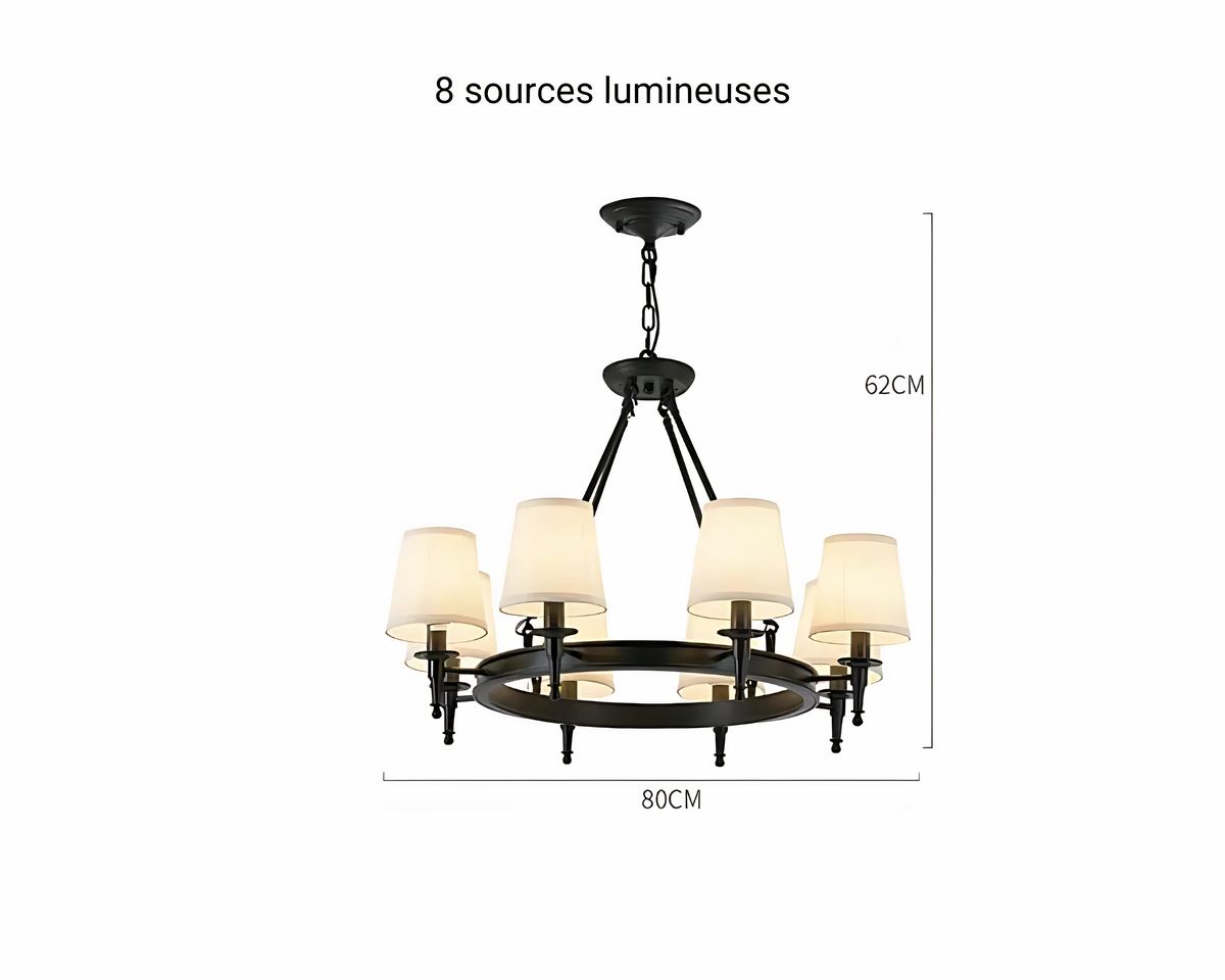 Lustre ancien en fer forgé avec abat-jours en tissu, vue 11