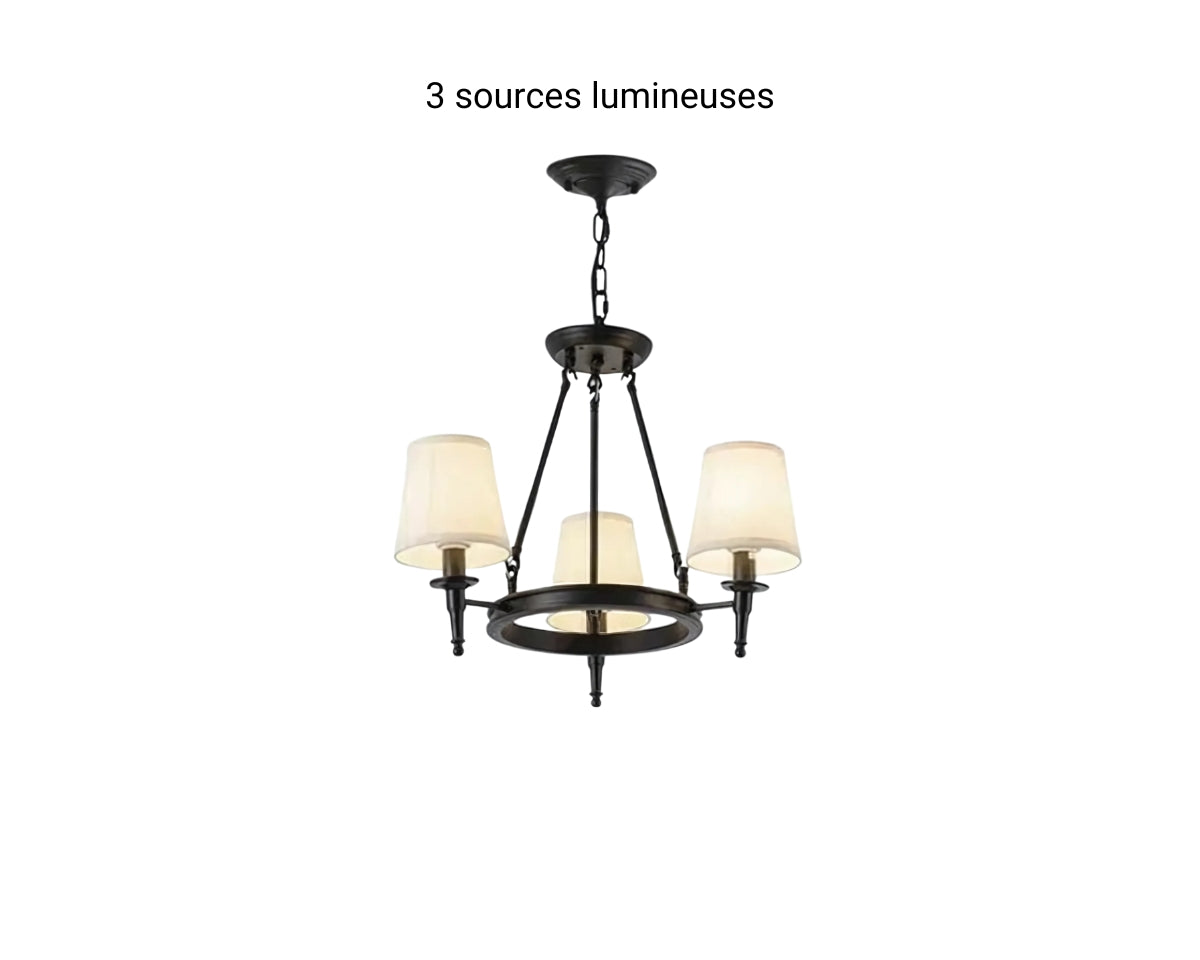 Lustre ancien en fer forgé avec abat-jours en tissu, vue 18