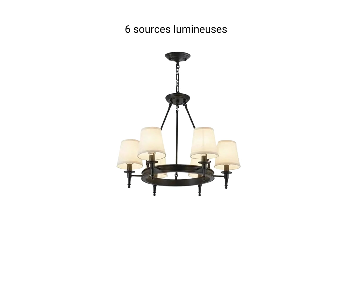 Lustre ancien en fer forgé avec abat-jours en tissu, vue 19