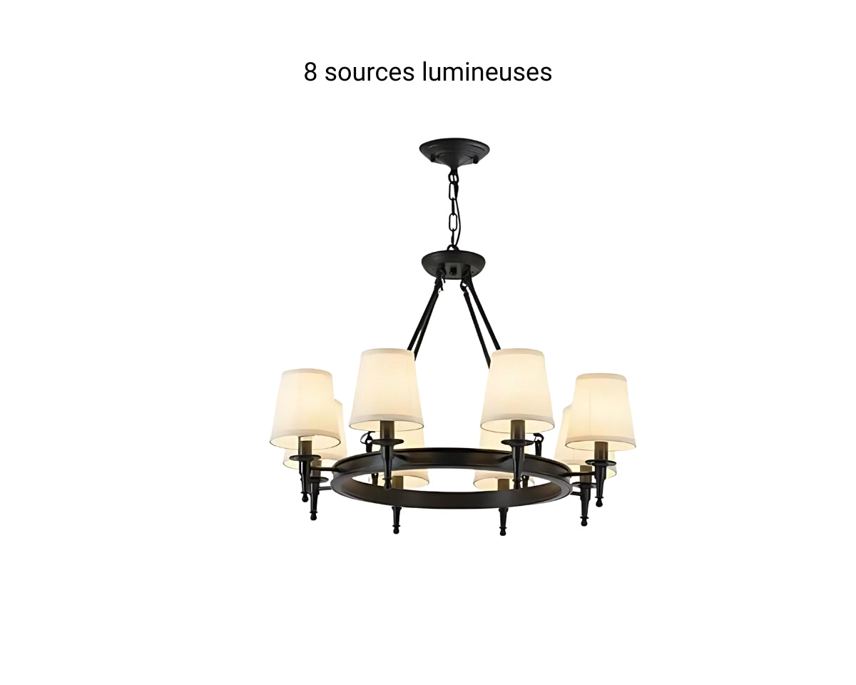 Lustre ancien en fer forgé avec abat-jours en tissu, vue 20