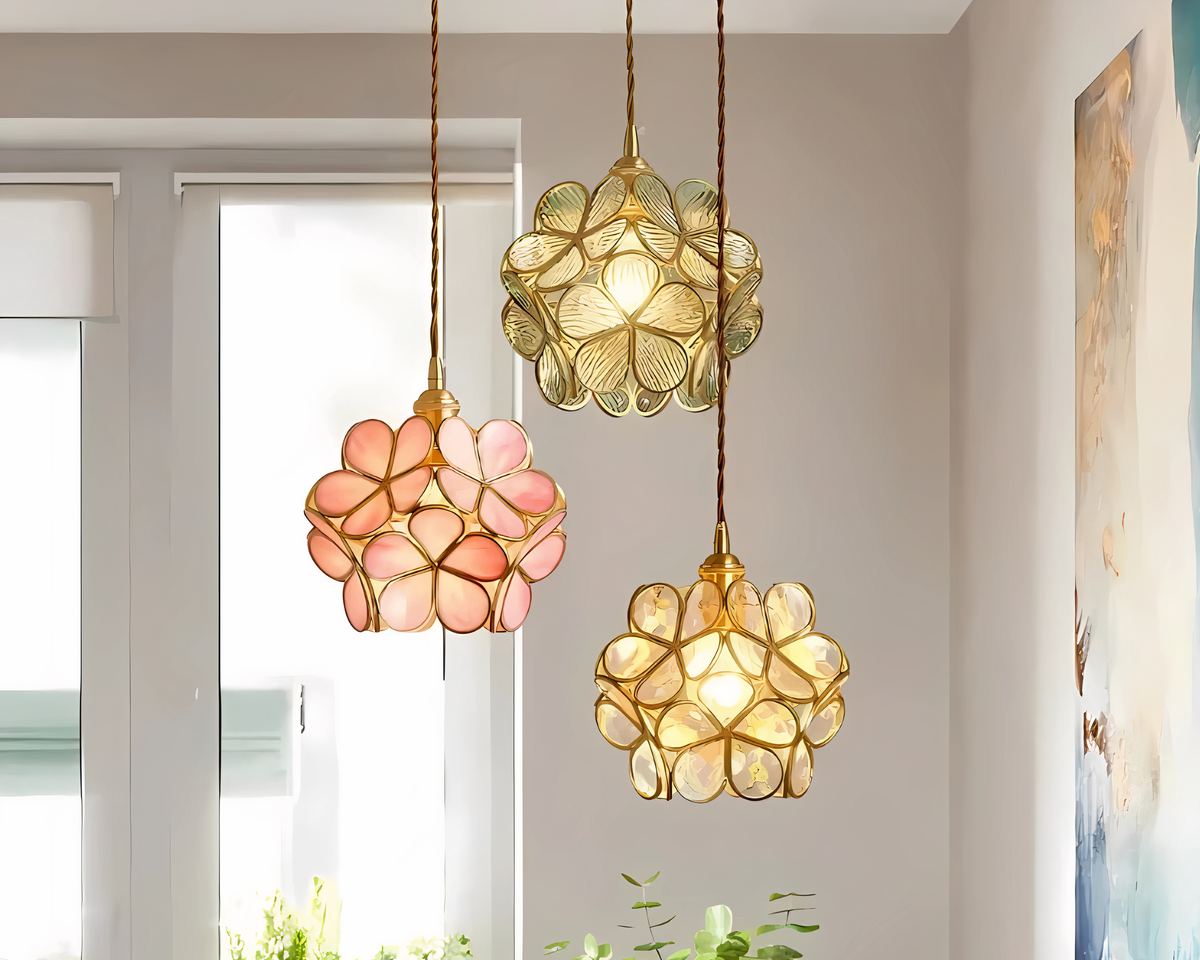 Lustre salle à manger fleur en verre teinté rose ou vert