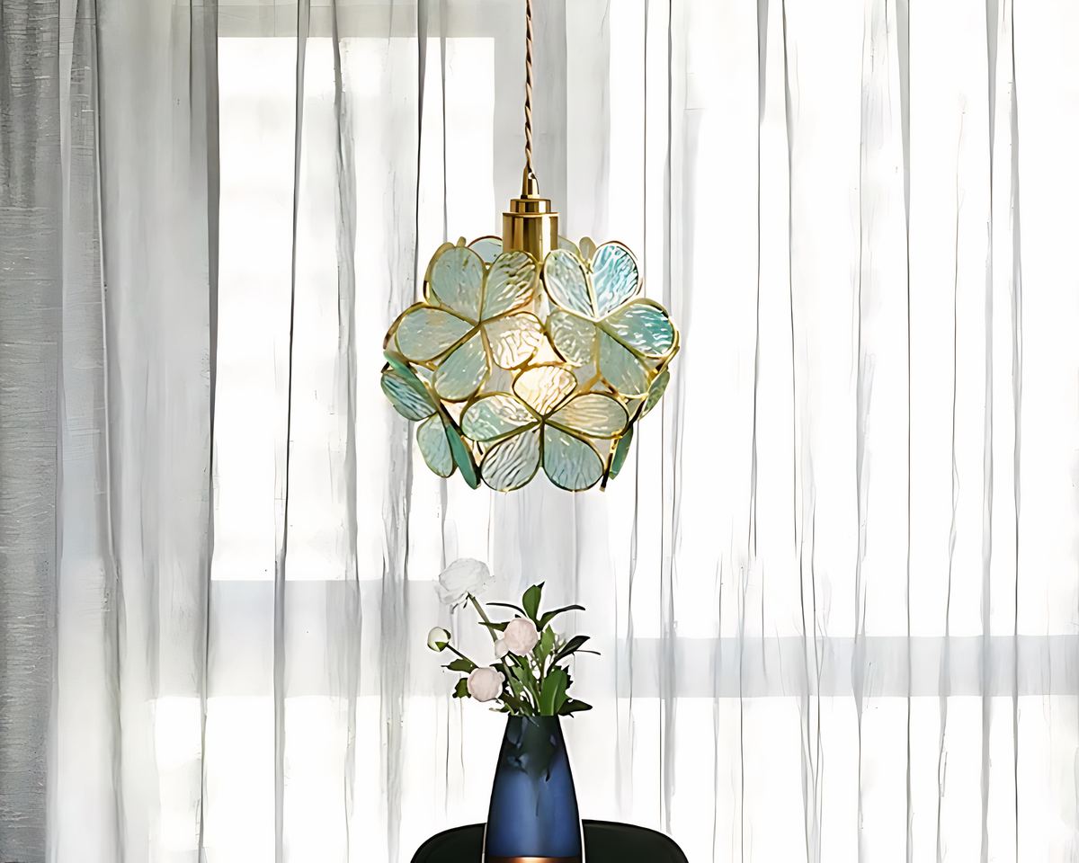 Lustre salle à manger fleur en verre teinté rose ou vert, vue 3