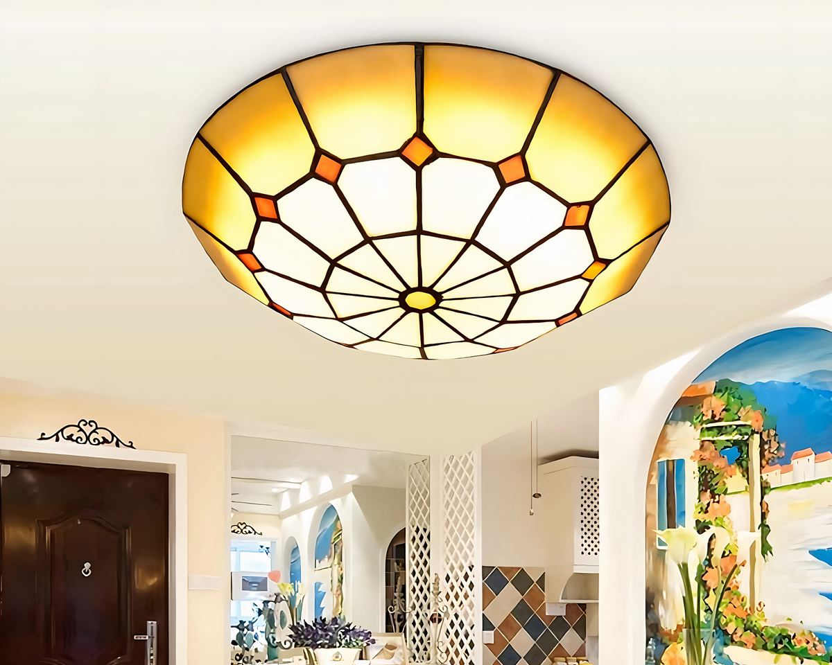 Lustre art déco plafonnier en vitrail à 3 lampes