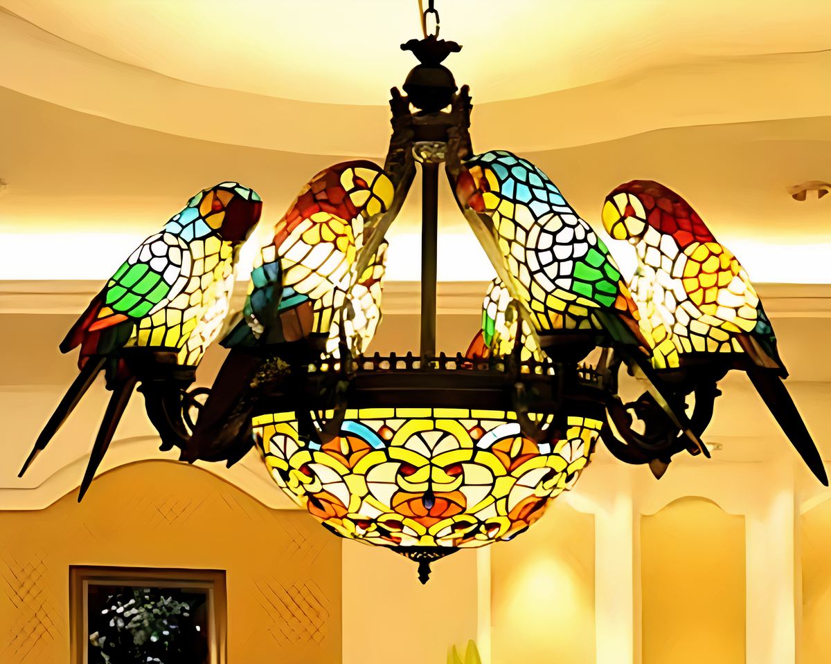 Lustre art déco chandelier aux perroquets en verre, vue 3