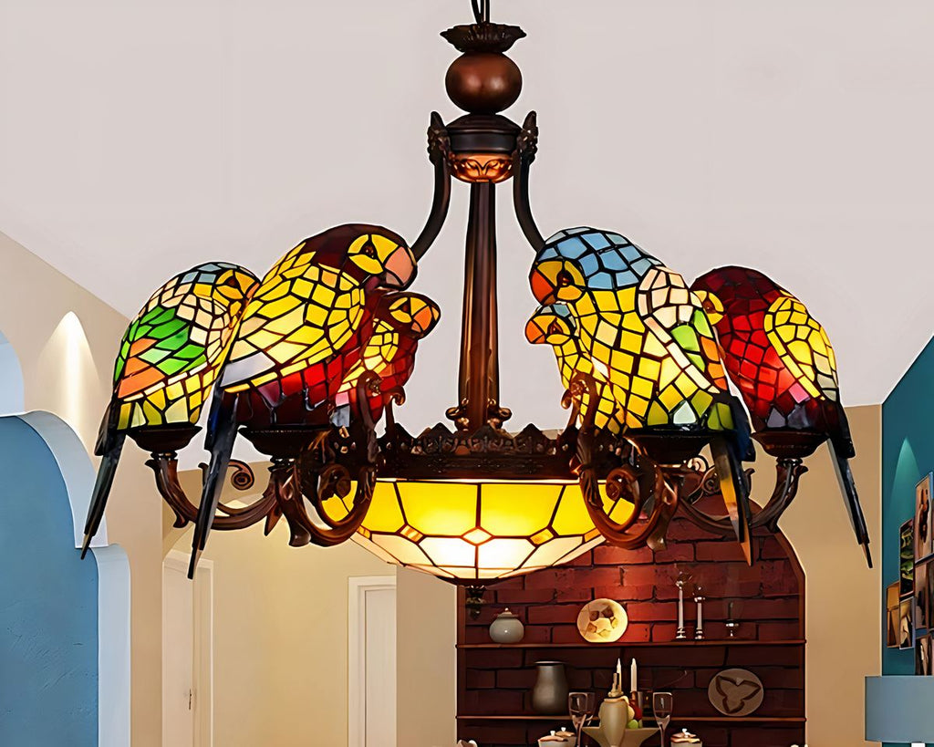 Lustre art déco chandelier aux perroquets en verre, vue 4